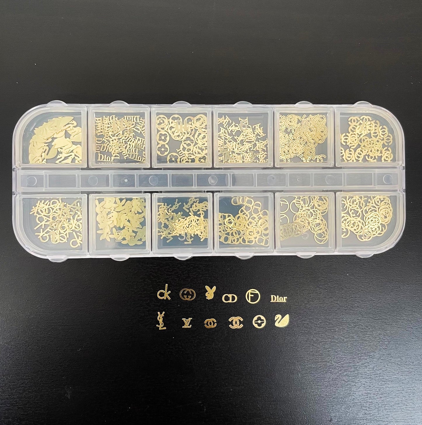 Luxury Gold Nail Charms – Designer Logo Set